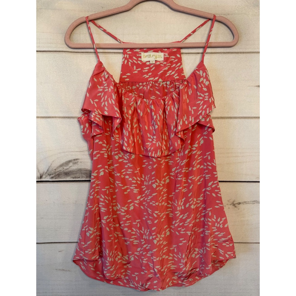 Britt Ryan Pink Fish Print 100% Silk Ruffle Cami Top Racerback Sz M